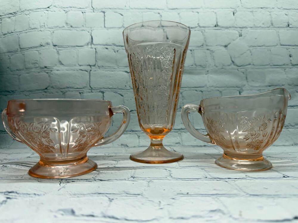 The Federal Glass Co Sharon Pink Cabbage Rose Pink Creamer & Sugar and Cup